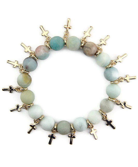 Semi Precious Stone Bracelet w/ Cross Charm