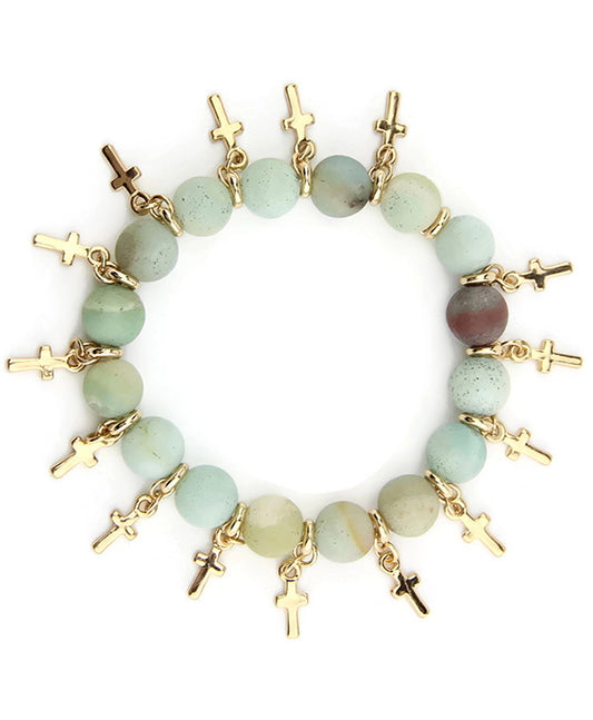 Semi Precious Stone Bracelet w/ Cross Charm