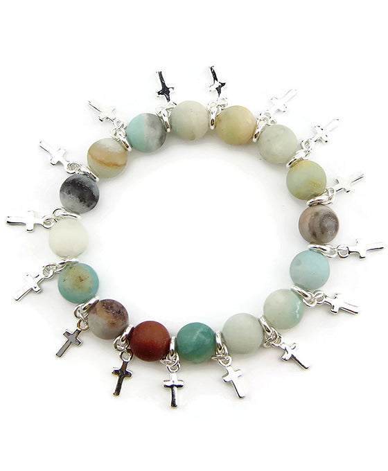 Semi Precious Stone Bracelet w/ Cross Charm