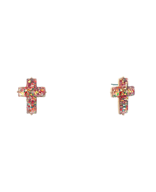 Cross Glitter Epoxy Stud Earring - 1.0"