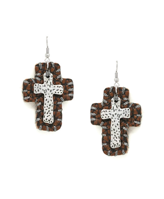 Western Style Cross w/ Leather Earring