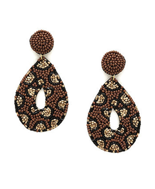 Leopard Print Seed Bead Teardrop Post Earring