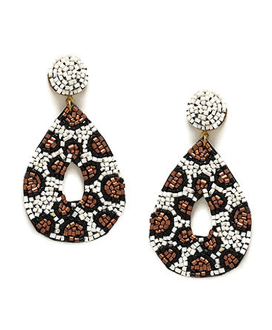 Leopard Print Seed Bead Teardrop Post Earring