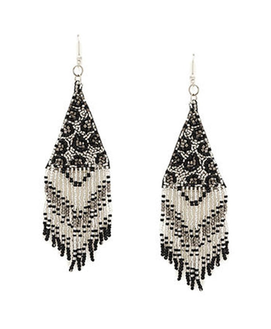 Leopard Print Seed Bead Fringe Earring