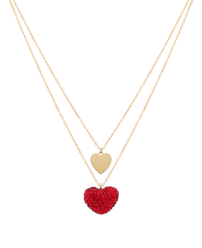 Paved Heart & Satin Layered Short Necklace