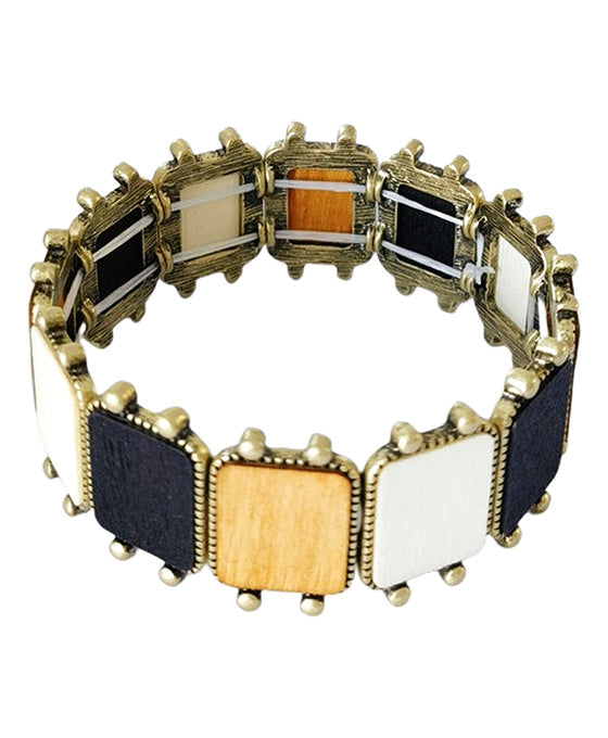 Wood w/ Metal Frame Stretch Bracelet