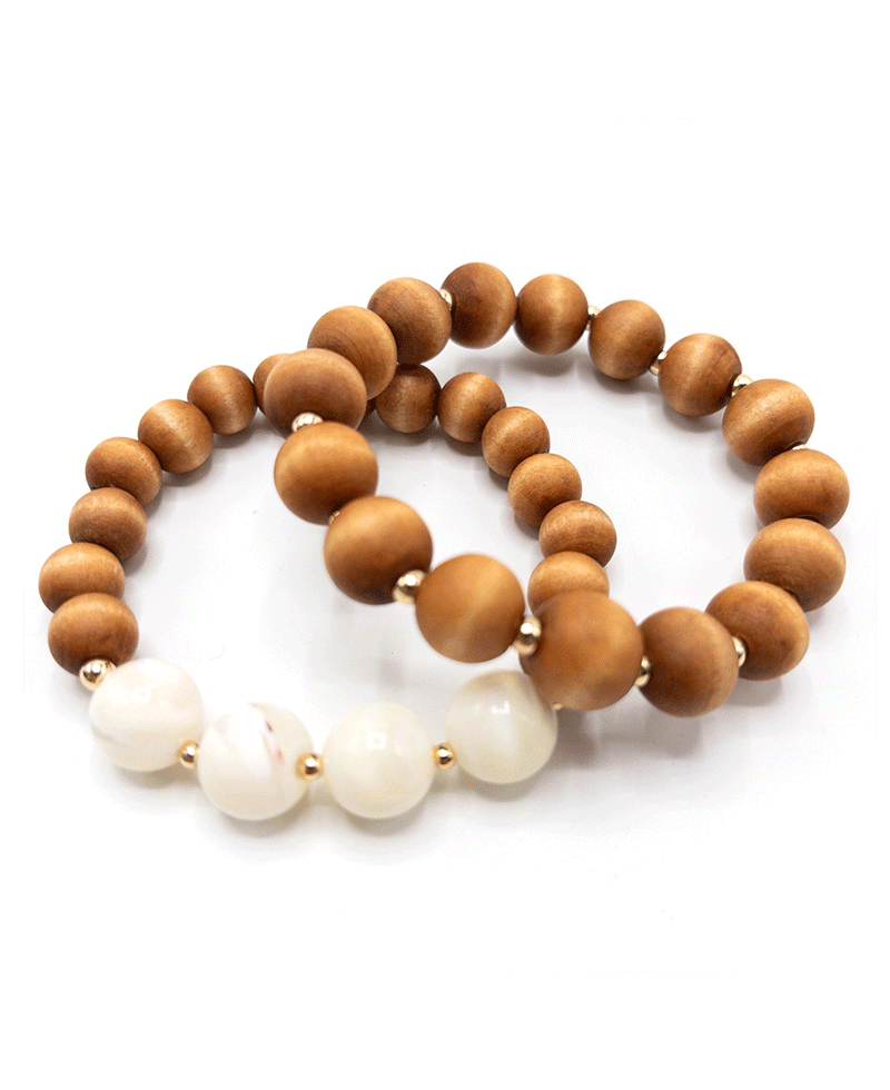 Wood Ball w/ Stones Stretch Bracelet