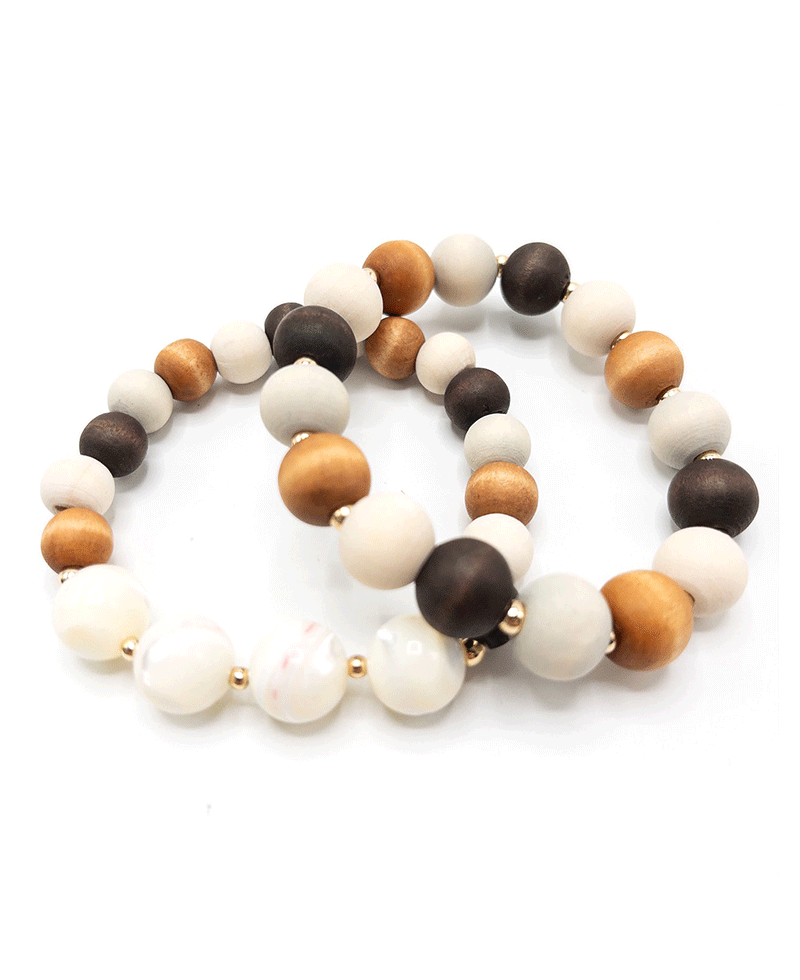 Wood Ball w/ Stones Stretch Bracelet