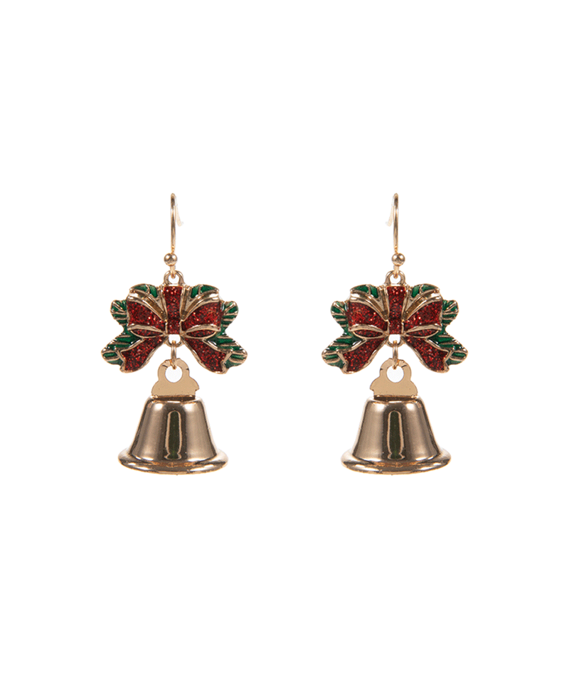 Holly Leaf w/ Christmas Bell Brass Earring - 1.75"