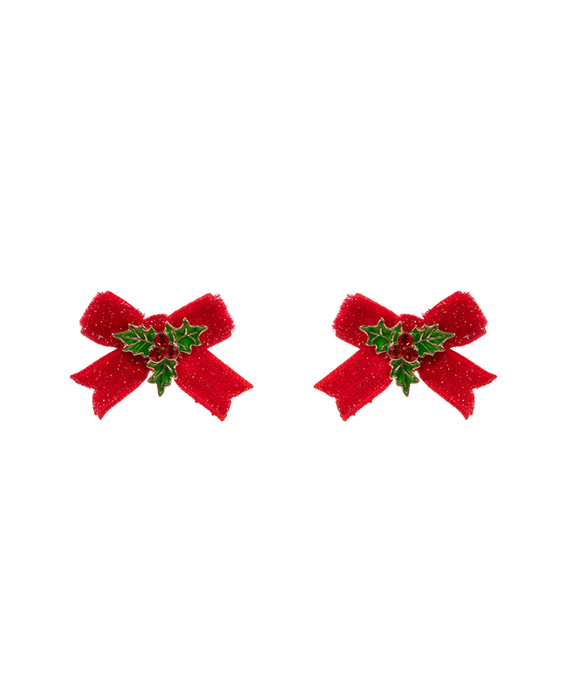 Holly Shaped Enamel w/ Glitter Velvet Ribbon Earring - 1.0"