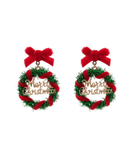 Christmas Wreath w/ Merry Christmas Earring - 1.75"