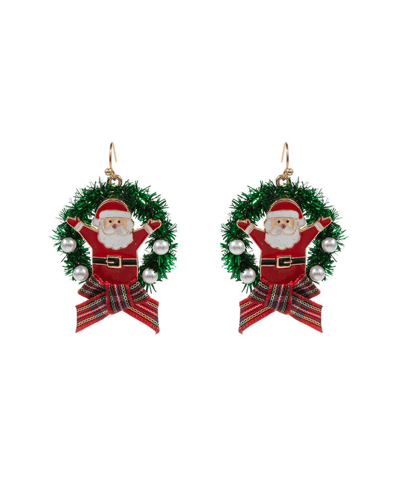 Christmas Wreath w/ Enamel Santa Claus Earring - 2.0"