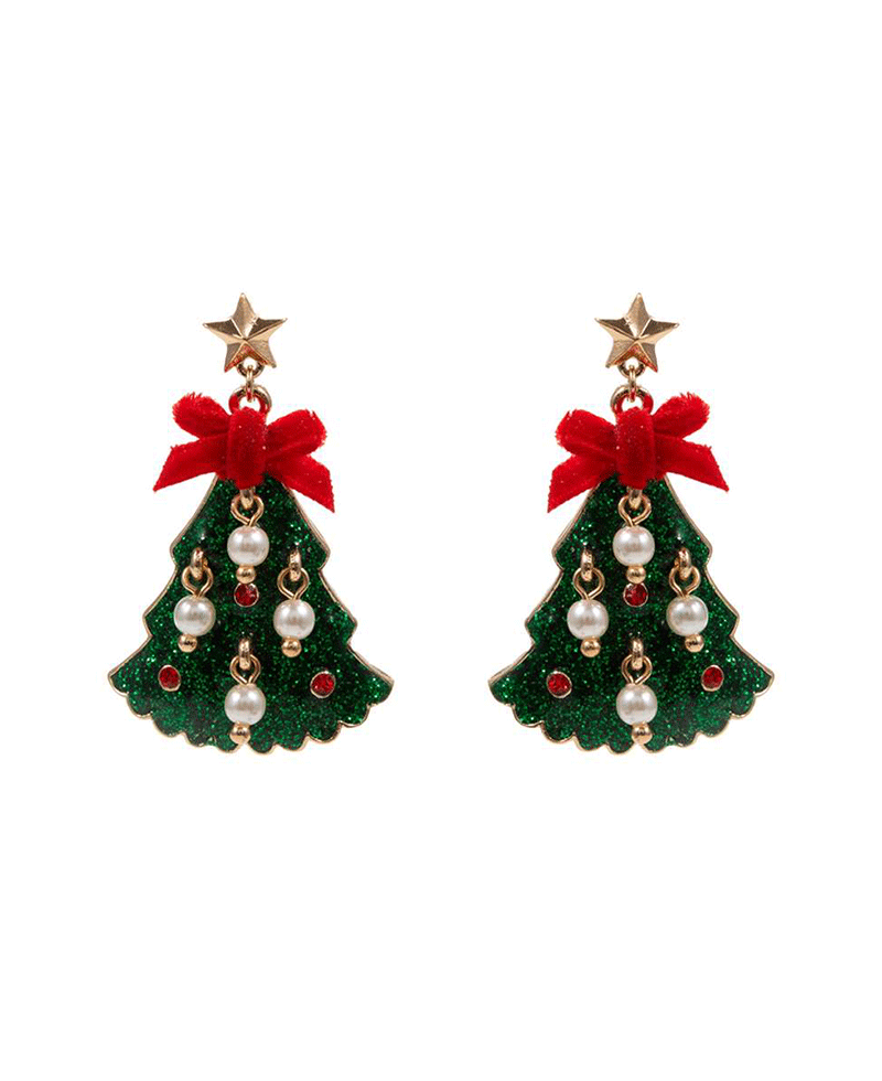 Christmas Tree Enamel w/ Pearls Earring - 1.75"