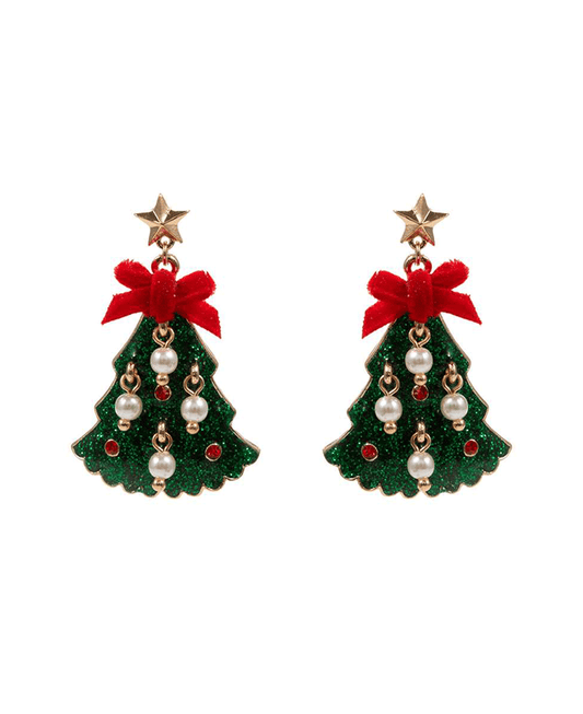 Christmas Tree Enamel w/ Pearls Earring - 1.75"