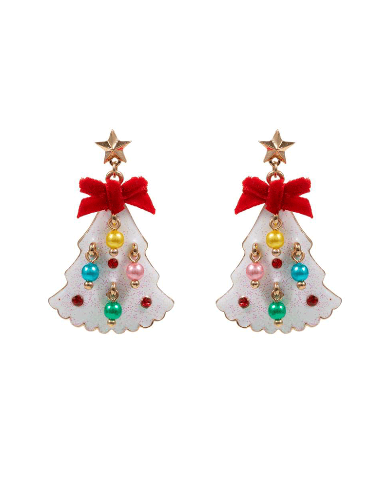 Christmas Tree Enamel w/ Pearls Earring - 1.75"