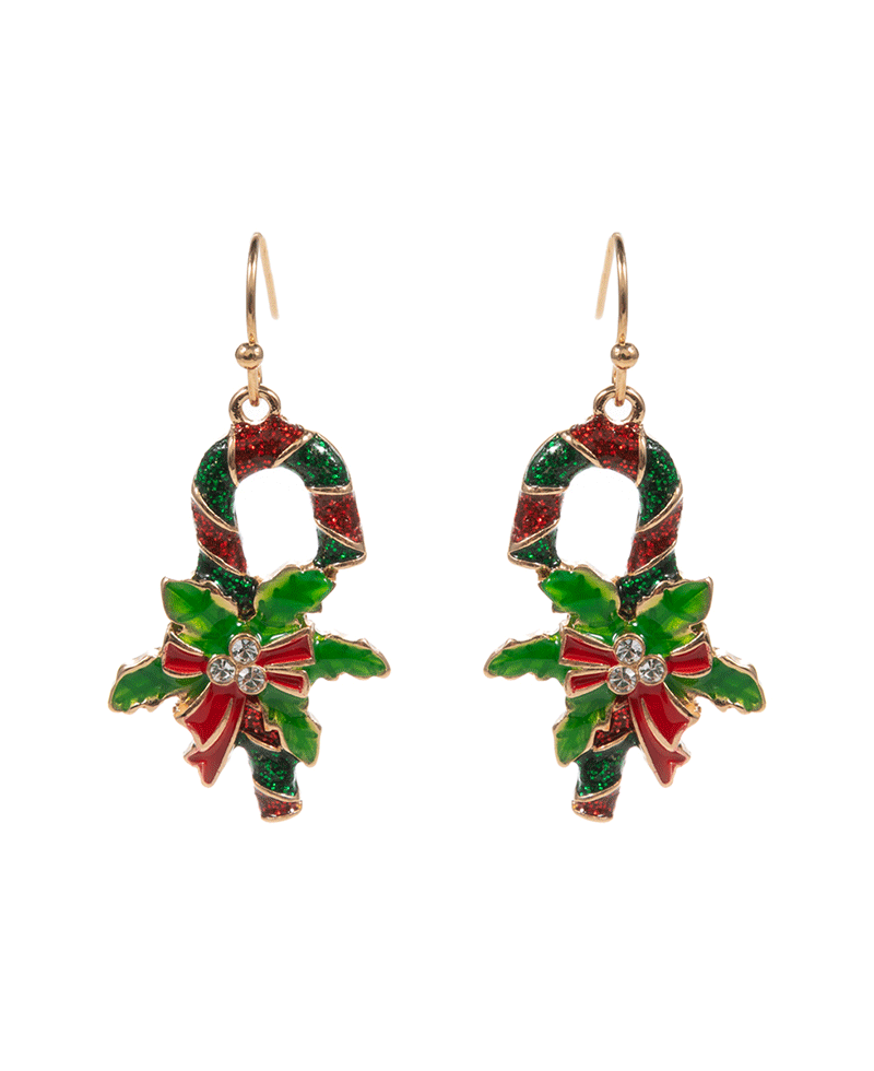 Candy Cane Shaped Enamel Earring - 1.5"