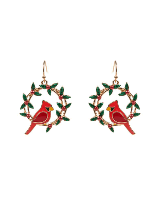 Christmas Wreath Enamel w/ Cardinal Earring - 1.5"