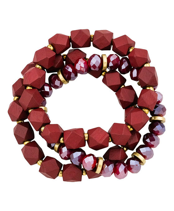 Glass & Wood 3-Strands Stretch Bracelet