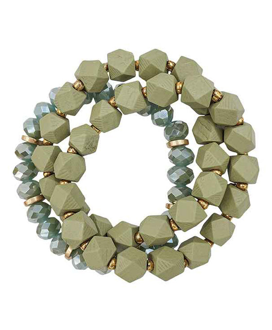 Glass & Wood 3-Strands Stretch Bracelet