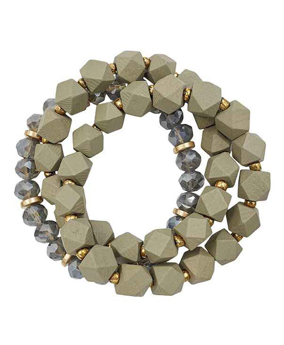 Glass & Wood 3-Strands Stretch Bracelet