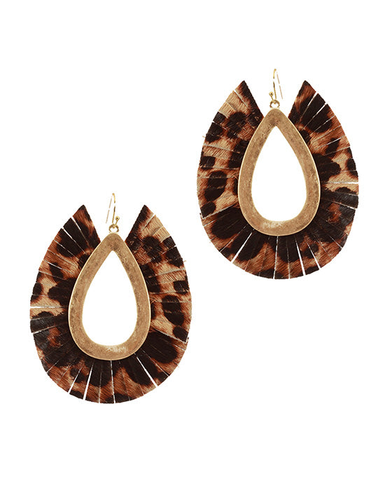 Metal Cowhide Open Cut Fringe Teardrop Earring