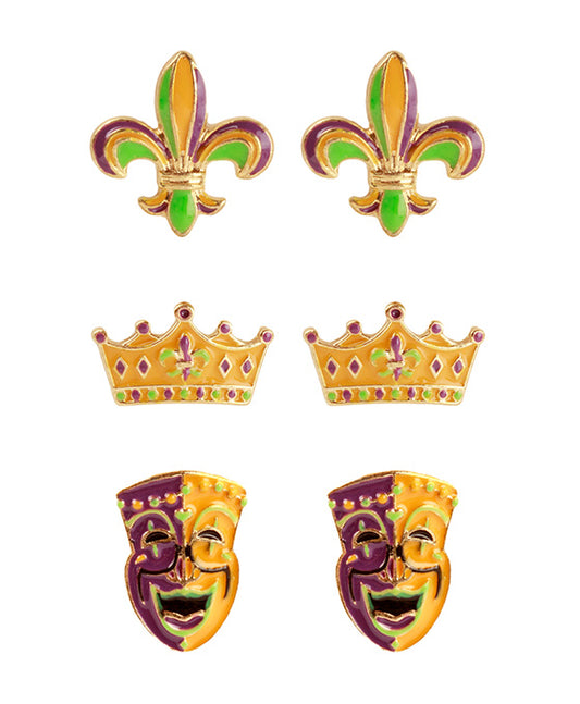 Metal Epoxy Mardi Gras 3 Pair Earring