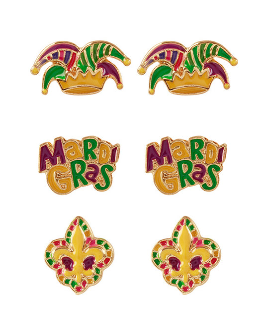 Metal Epoxy Mardi Gras 3 Pair Earring