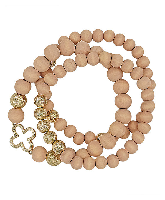 3 Set Clover Metal Accent Wood Beads Bracelet