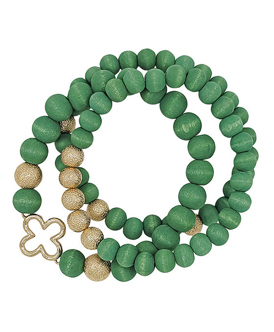 3 Set Clover Metal Accent Wood Beads Bracelet