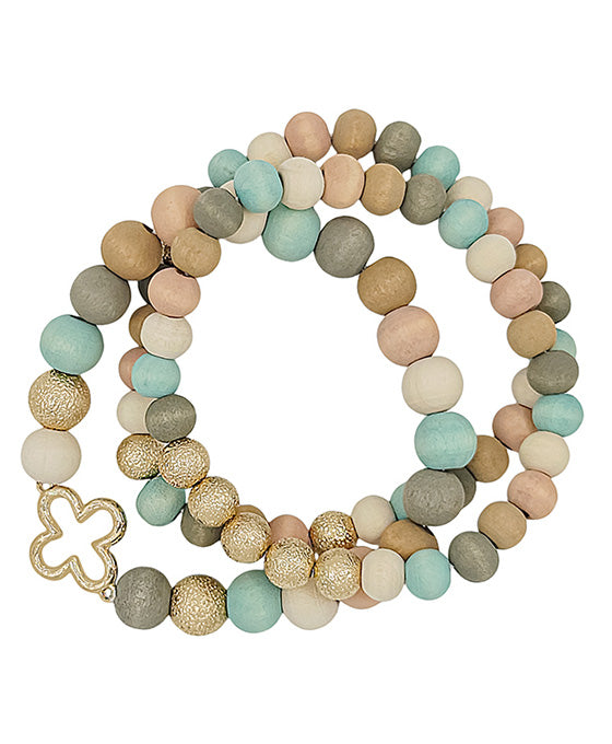 3 Set Clover Metal Accent Wood Beads Bracelet