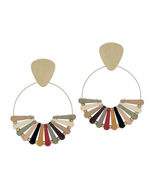 Fanned Shape Wood & Metal Post Earring