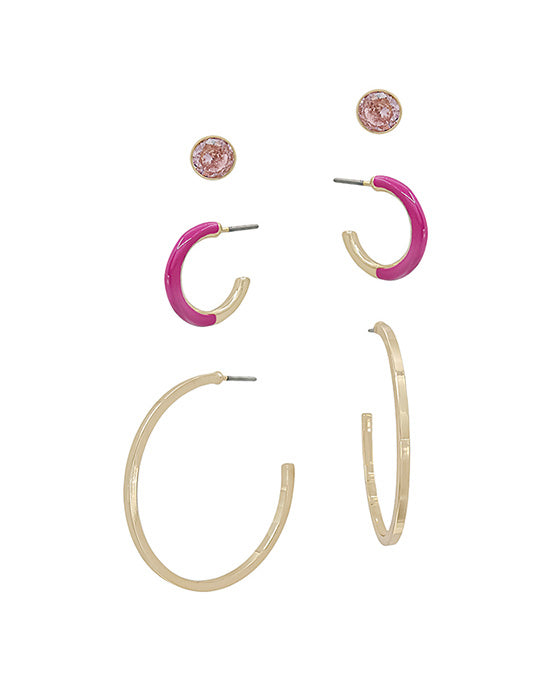 Crystal & Epoxy Color Metal Hoop 3 Set Earring