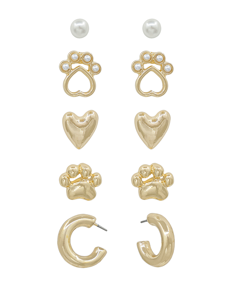 Paw & Heart & Hoop 5 Set Earring