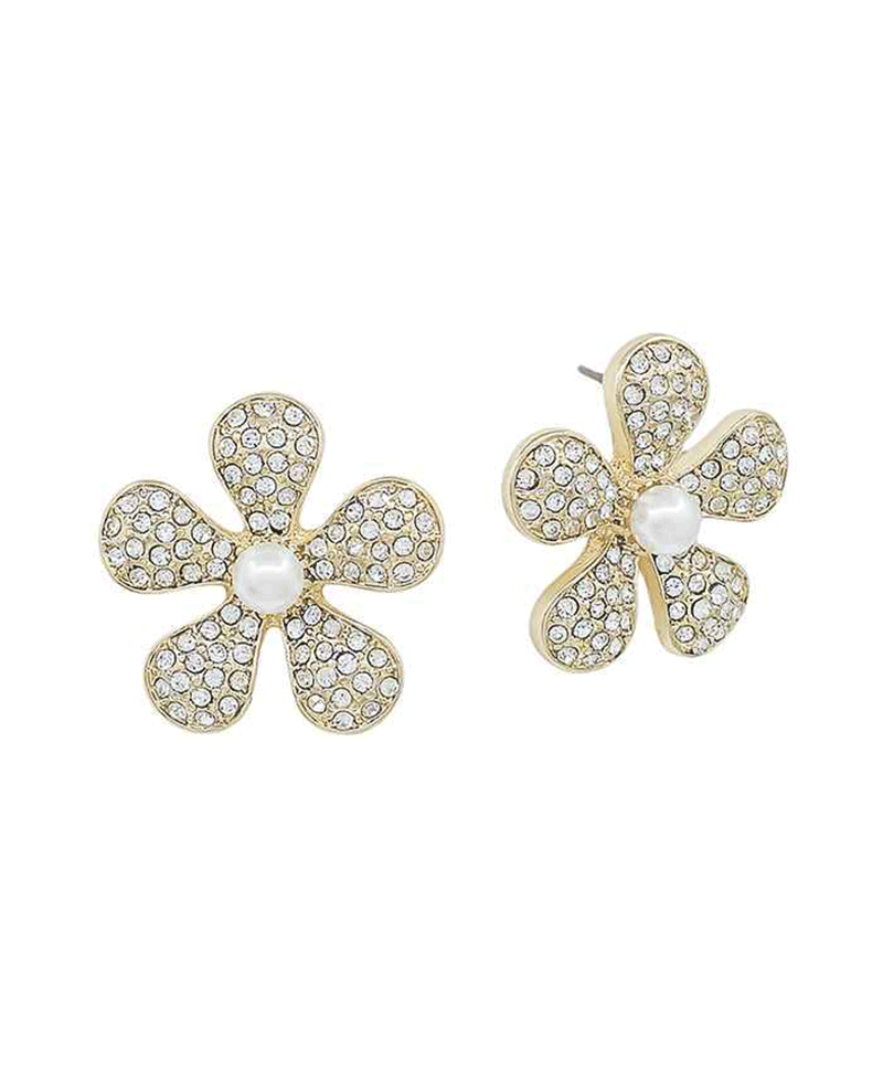 Pave Flower w/ Pearl Post Earring - 1.0"