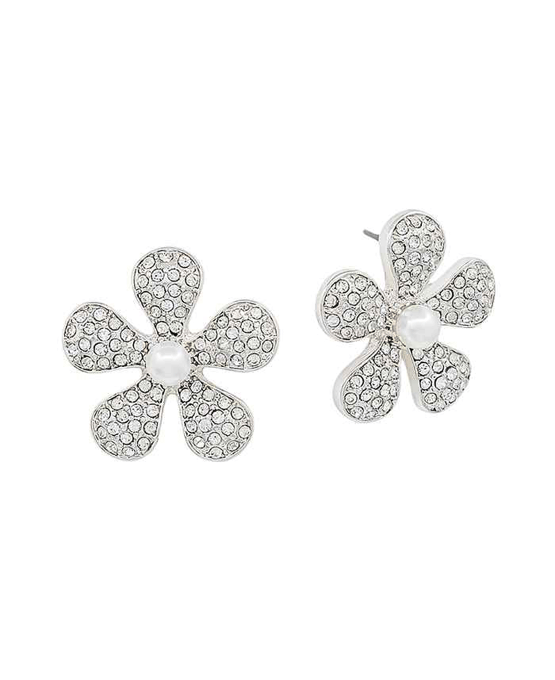 Pave Flower w/ Pearl Post Earring - 1.0"