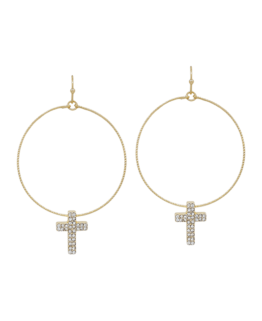 Round Texture Wire w/ Paved Cross Earring