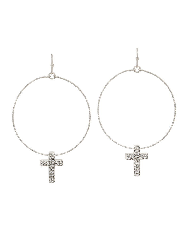 Round Texture Wire w/ Paved Cross Earring