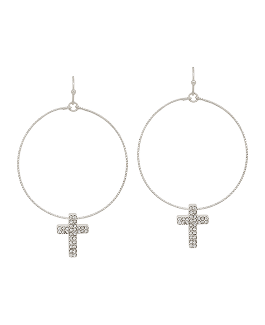 Round Texture Wire w/ Paved Cross Earring