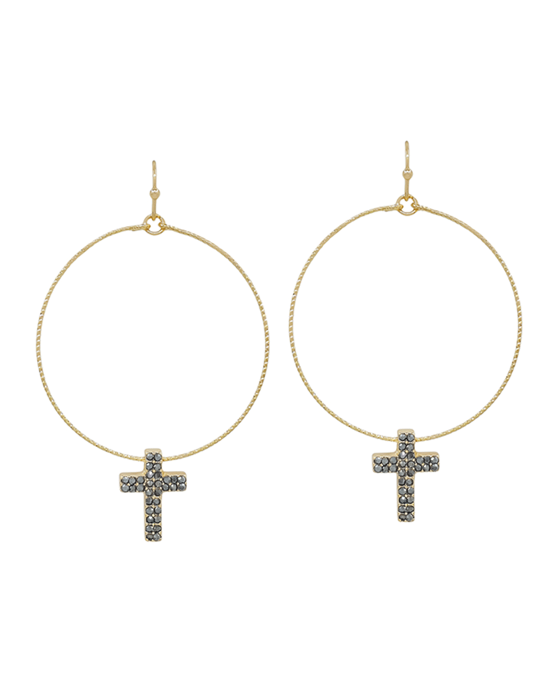 Round Texture Wire w/ Paved Cross Earring