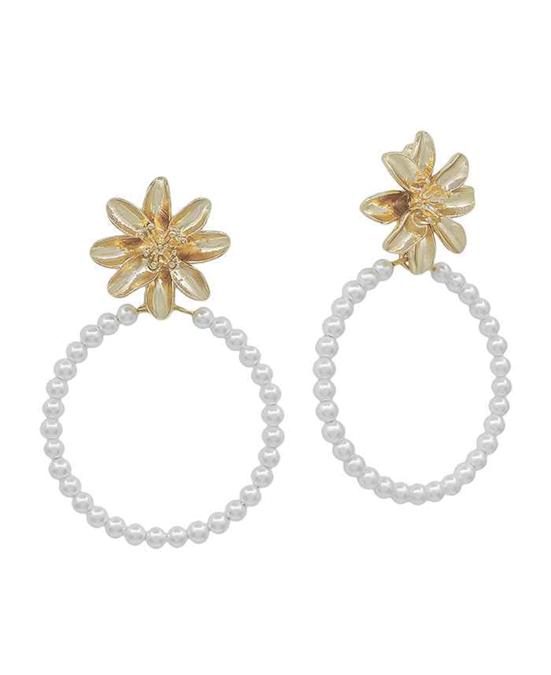 Flower Metal w/ Round Pearl Post Earring - 1.8"