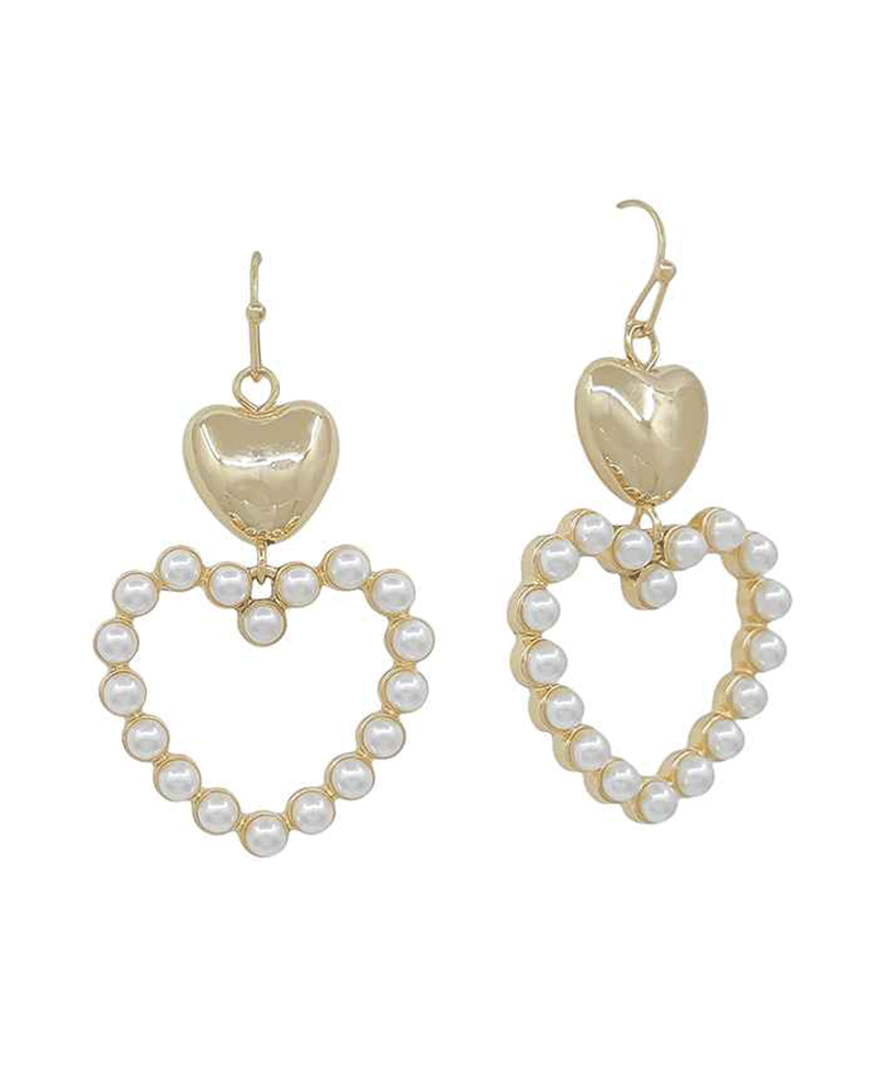 Metal & Pearl Double Heart Earring - 1.2"