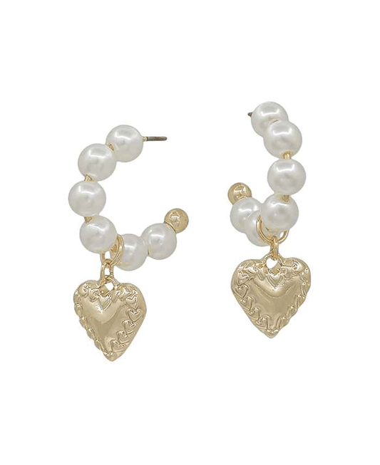 6mm Pearl Hoop w/ Texture Heart Charm Earring - 1.5"