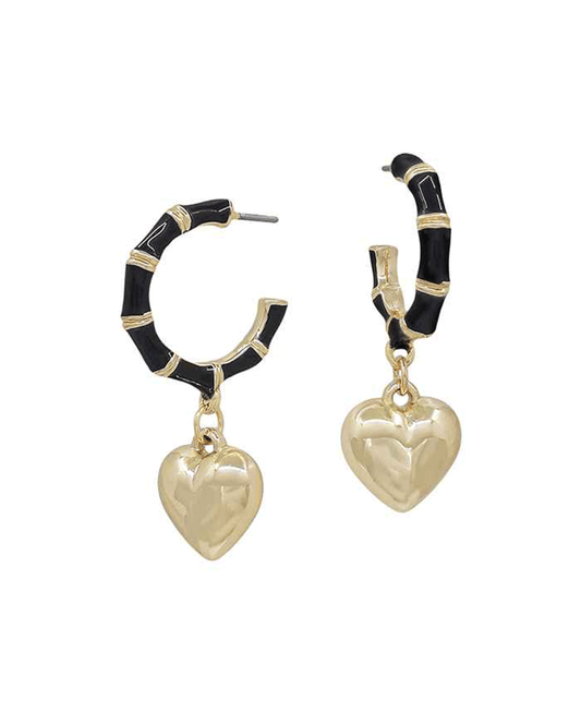 Heart Charm Bamboo Epoxy Hoop Earring - 1.0"