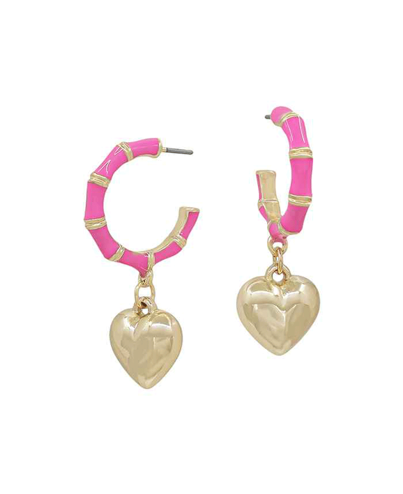 Heart Charm Bamboo Epoxy Hoop Earring - 1.0"