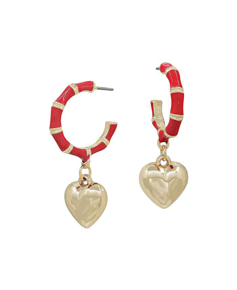 Heart Charm Bamboo Epoxy Hoop Earring - 1.0"