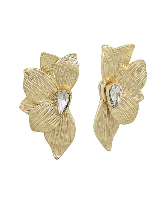 Flower Textured Metal w/ Crystal Post Earring