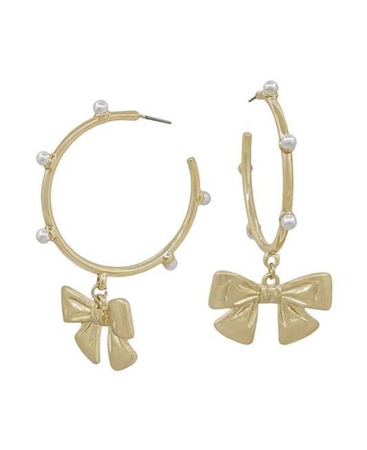 Pearl Accent w/ Ribbon Charm Hoop Earring - 2.0"