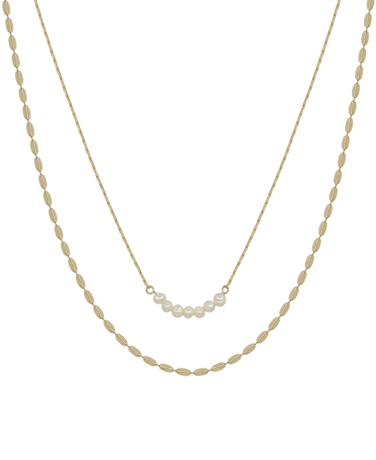 Double Layer Oval Chain & Fresh Pearl Short Necklace