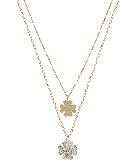 Double Clover Metal & Pave Layered Short Necklace