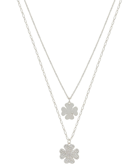 Double Clover Metal & Pave Layered Short Necklace